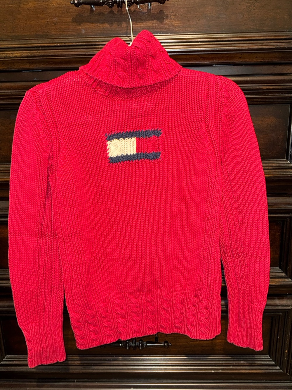 Vintage Tommy Hilfiger Red Turtleneck Cable-Knit Sweater